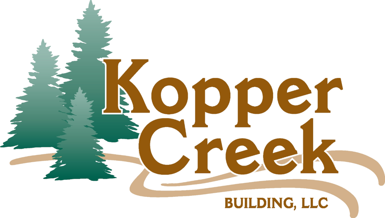 Kopper Creek Building, LLC logo with green pine trees and brown text over a beige swoosh