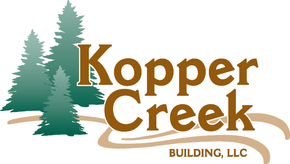 Kopper Creek Building, LLC logo with green pine trees and brown text over a beige swoosh