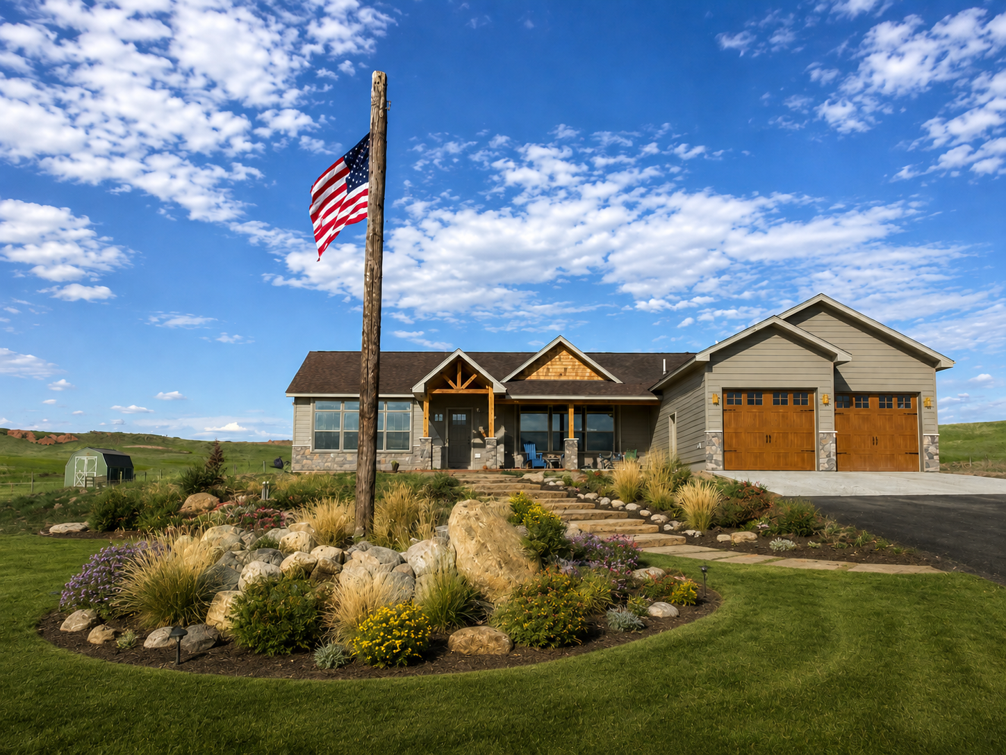 Single-story suburban house with stone landscaping, a flagpole, and an American flag under a blue sky