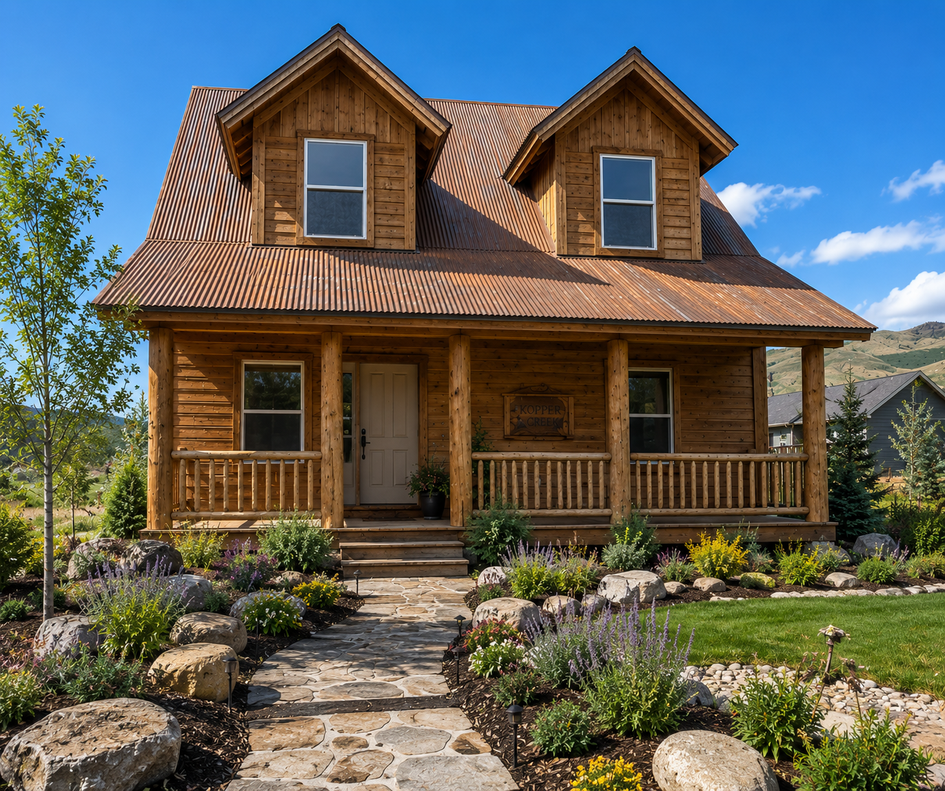 Rustic wooden house with a porch, dormer windows, and a stone path through landscaped garden