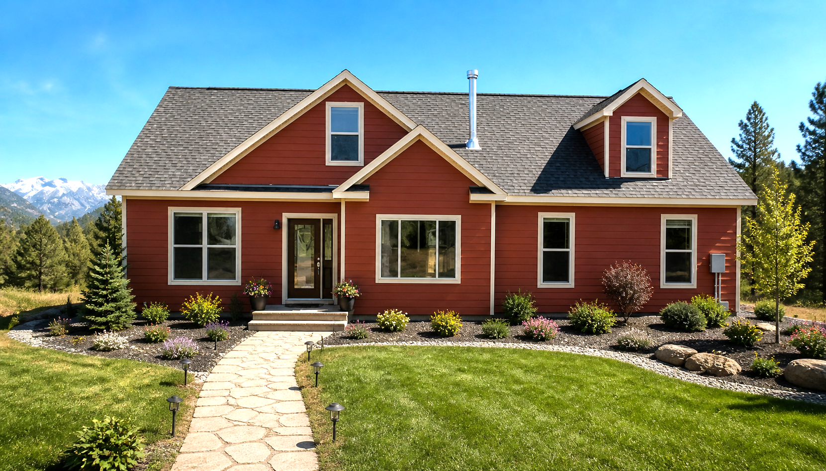 Red house with dormer windows and stone walkway, set in a landscaped front yard under a clear blue sky