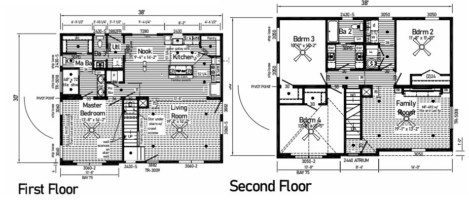 First- and second-floor house floor plans with labeled rooms and stairs
