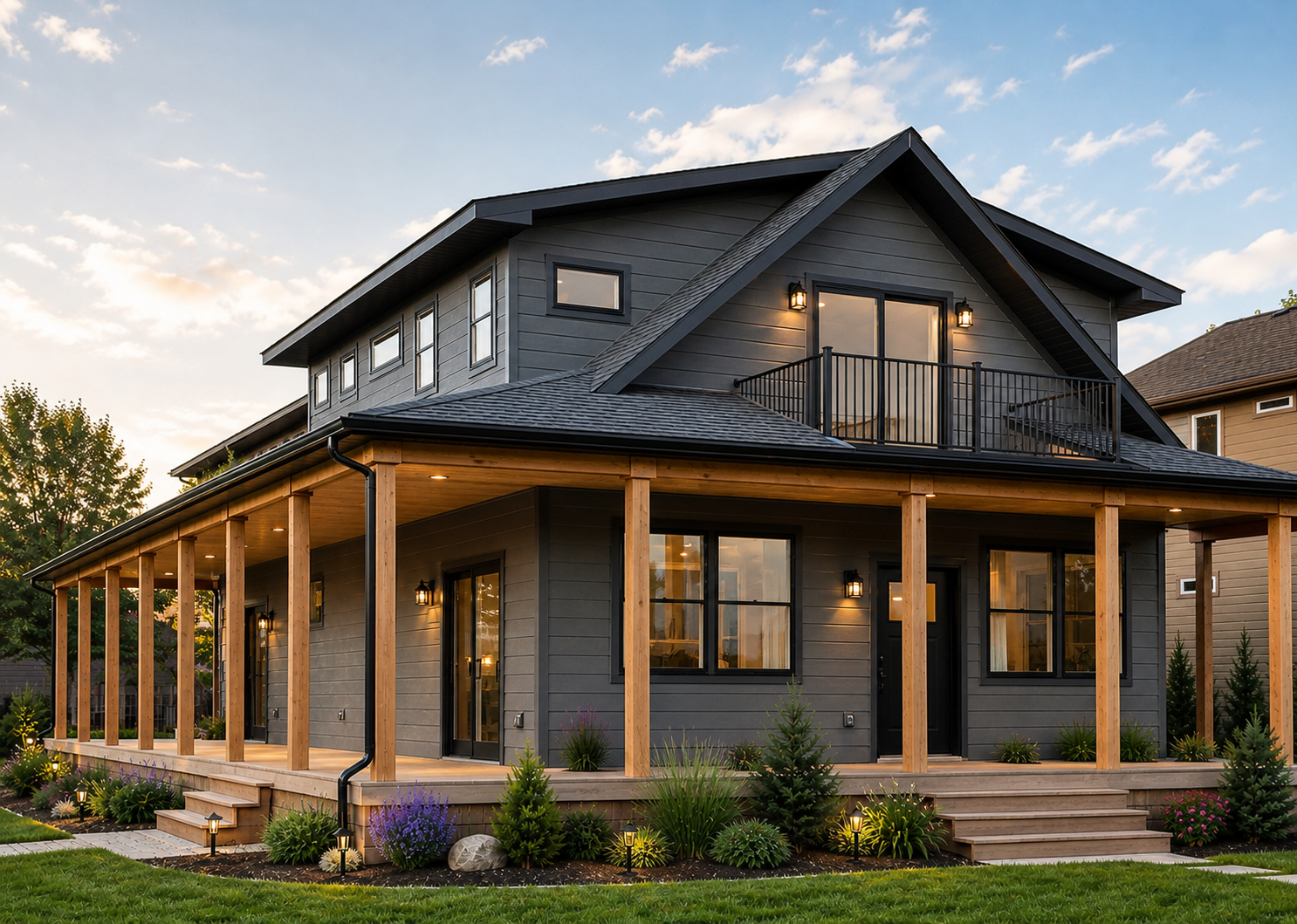 Modern two-story house with dark gray siding, wood porch columns, and landscaped front yard at sunset