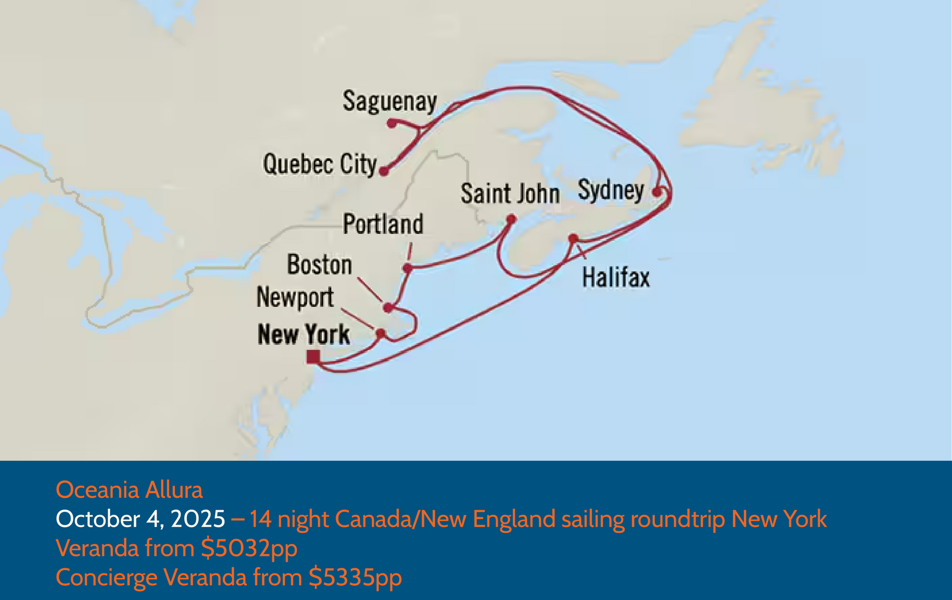 Cruise map: Oceania Niua, October 4, 2025, 14-night Canada/New England sailing, roundtrip New York.