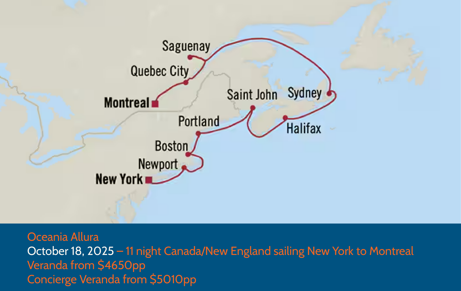 11-night Canada/New England sailing, October 18, 2015, from New York to Montreal, with stops in Quebec and Nova Scotia.