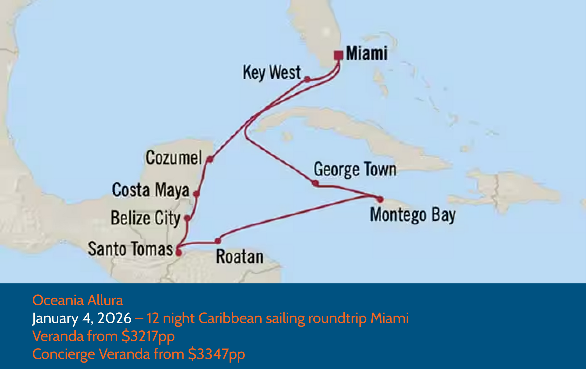 Cruise map: January 4, 2026, 12-night Caribbean cruise from Miami, includes Key West, Cozumel, and Roatan.
