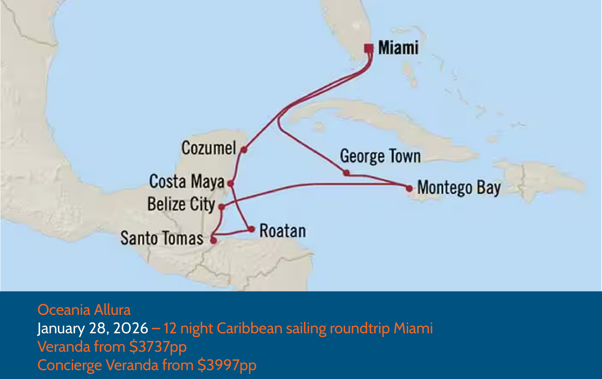 Cruise itinerary map from Miami to Caribbean ports, January 2026.