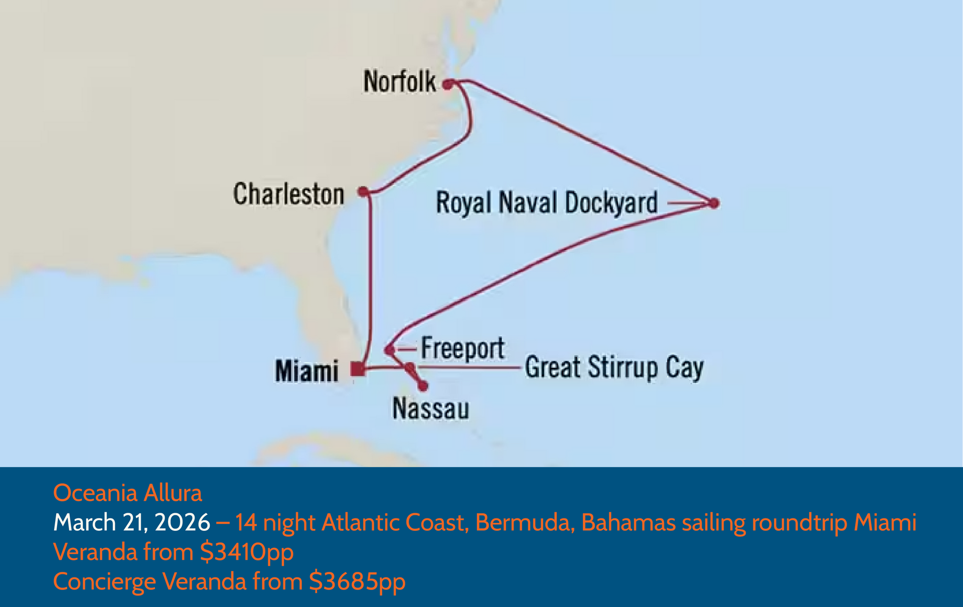Cruise route map from Miami, includes stops in Bahamas, Bermuda, and Norfolk, March 2026.