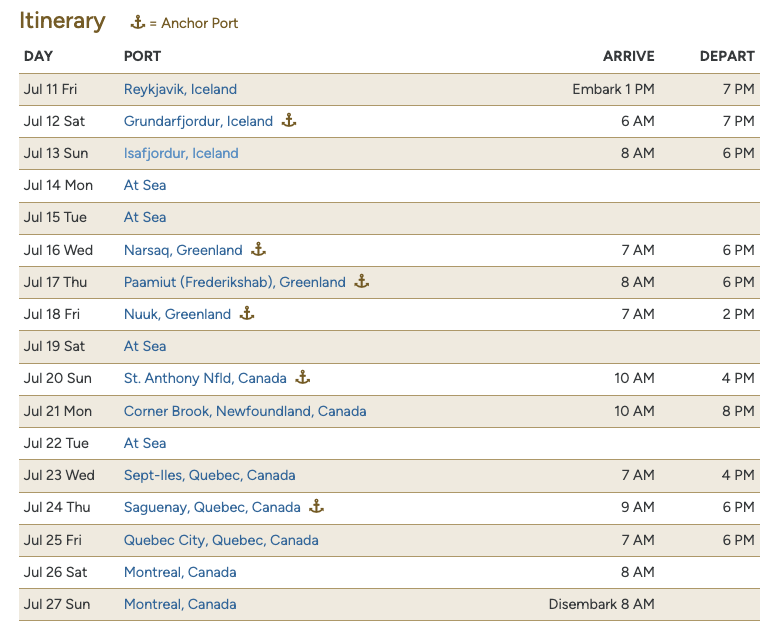 Cruise itinerary: ports, arrival/departure times, including Iceland, Greenland, and Canada.