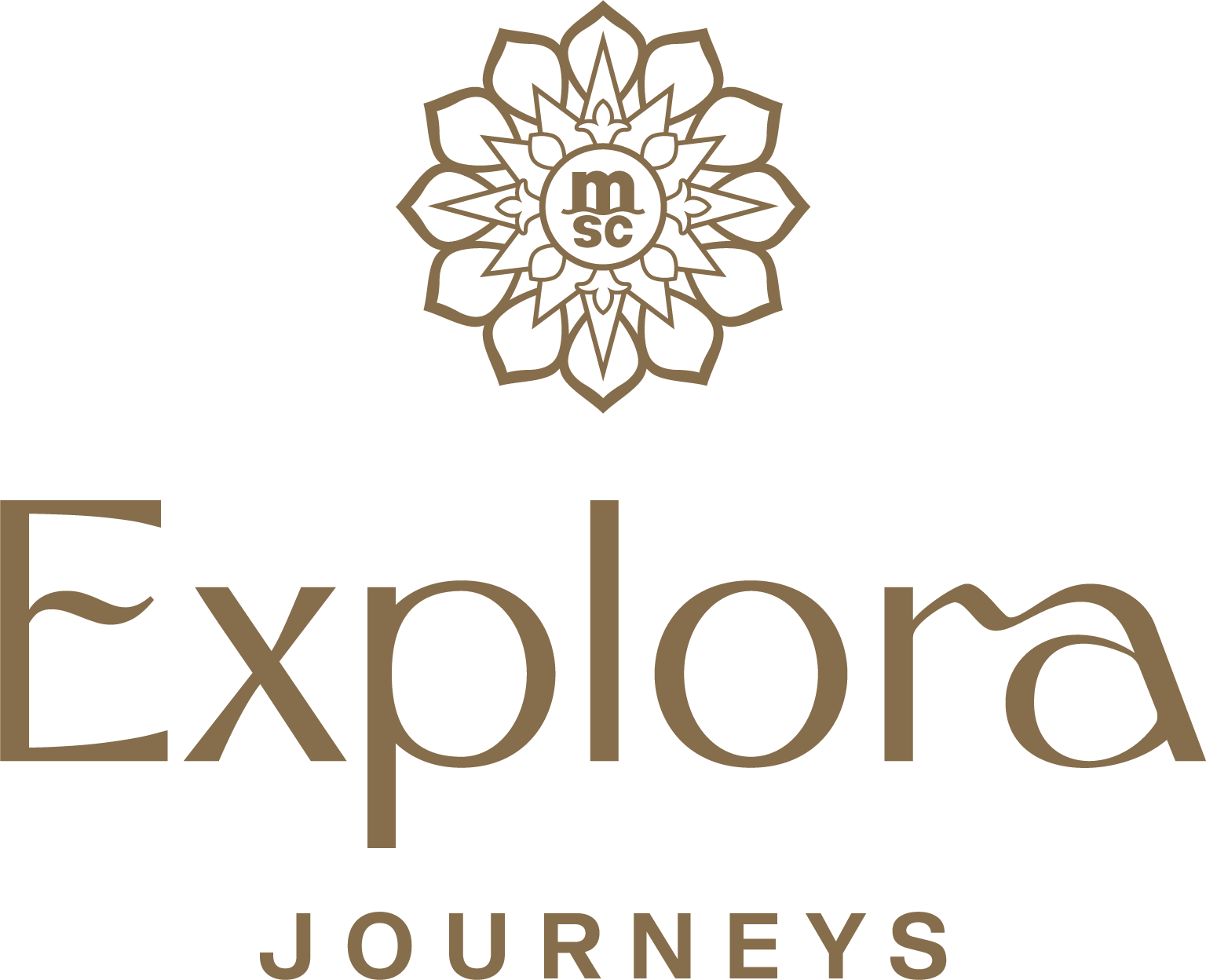 Explora Journeys logo with floral design above text. Gold color on white background.