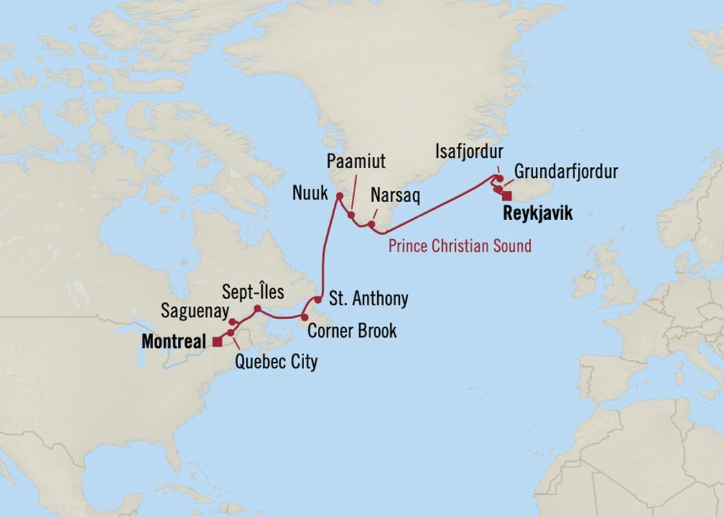 Map of a cruise itinerary from Montreal to Iceland, showing stops in Canada and Greenland.
