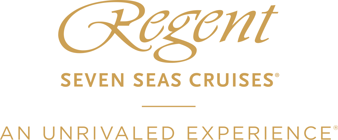 Regent Seven Seas Cruises logo in gold on a white background. 