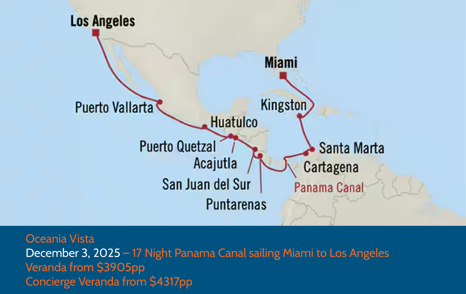 Map of Panama Canal cruise from Miami to Los Angeles, with port stops.
