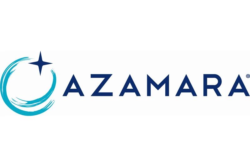Azamara Cruises logo: blue text and a stylized teal wave shape with a blue star.