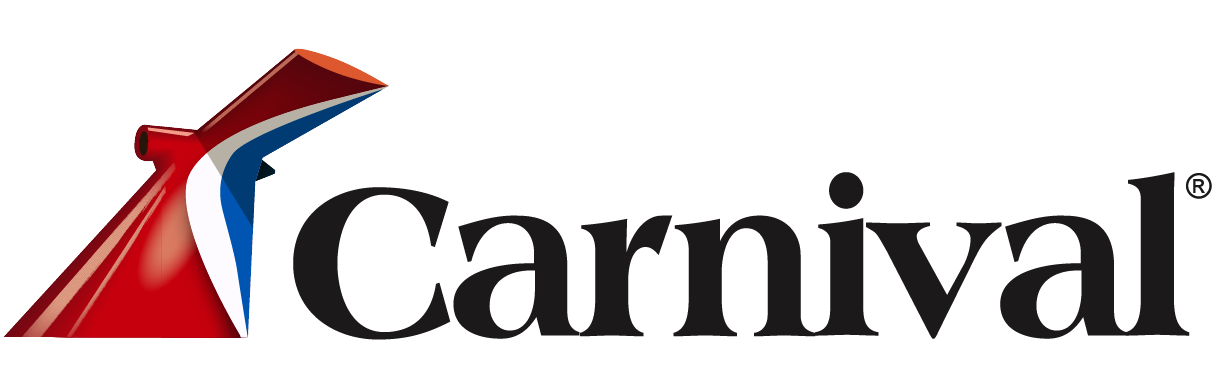 Carnival cruise logo featuring a stylized ship funnel in red, white, and blue, with the word 