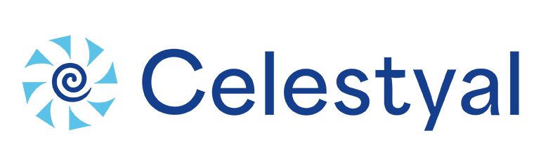 Celestyal logo, a spiral design next to the name in dark blue.