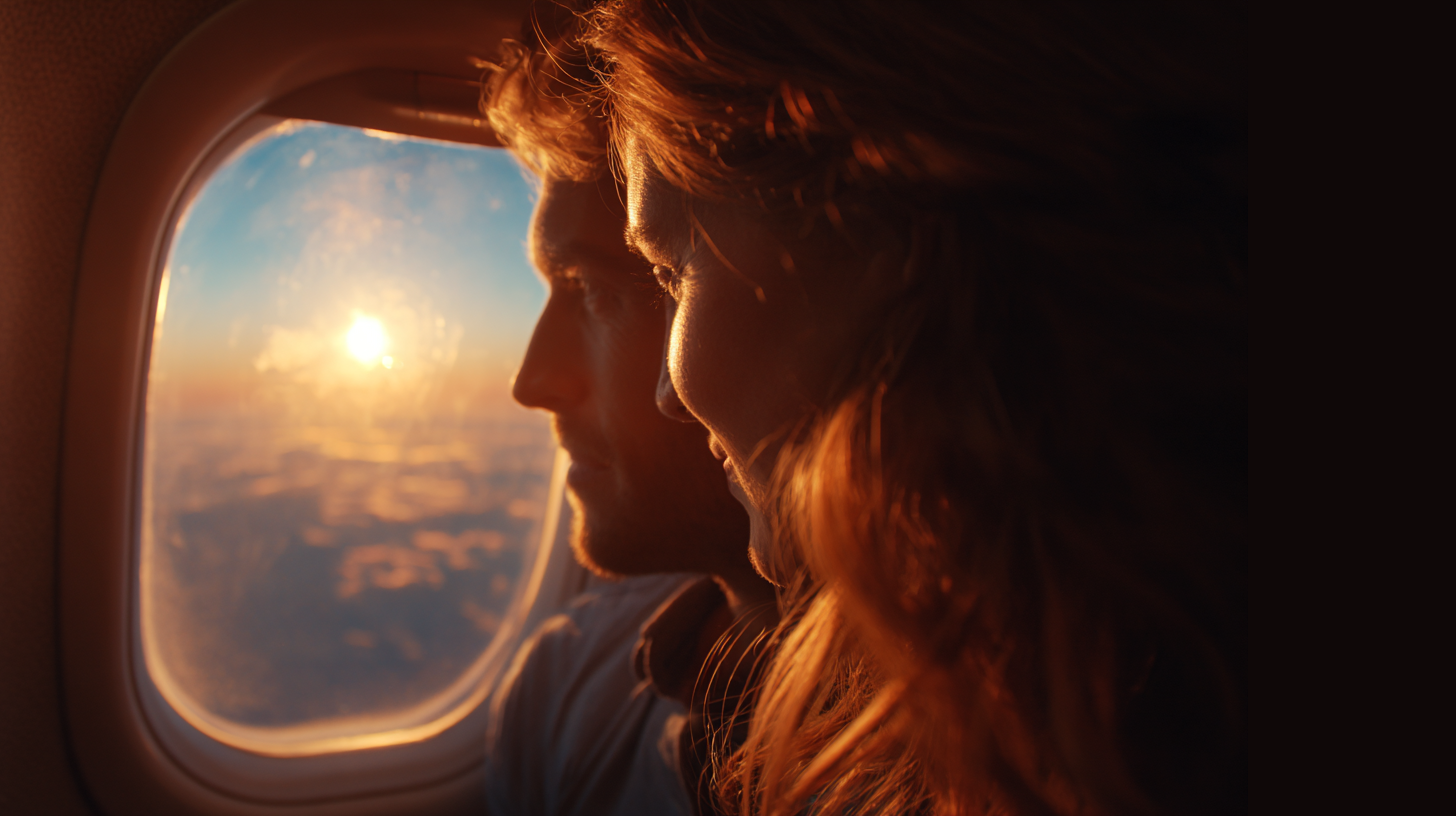 Couple gazing out a plane window at sunset over clouds.