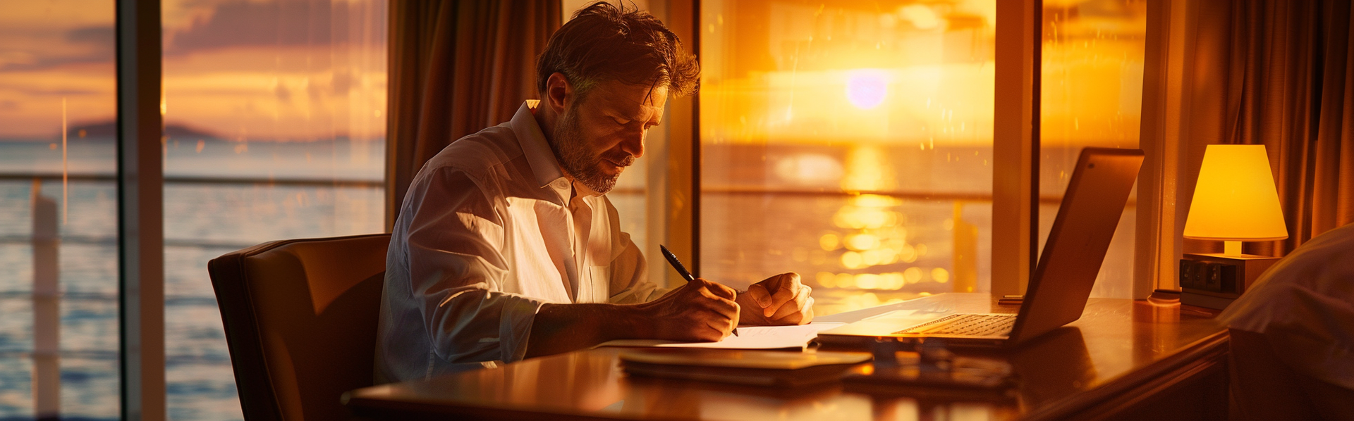 A man writes at a desk next to a window overlooking the sea at sunset, laptop and lamp on the table.