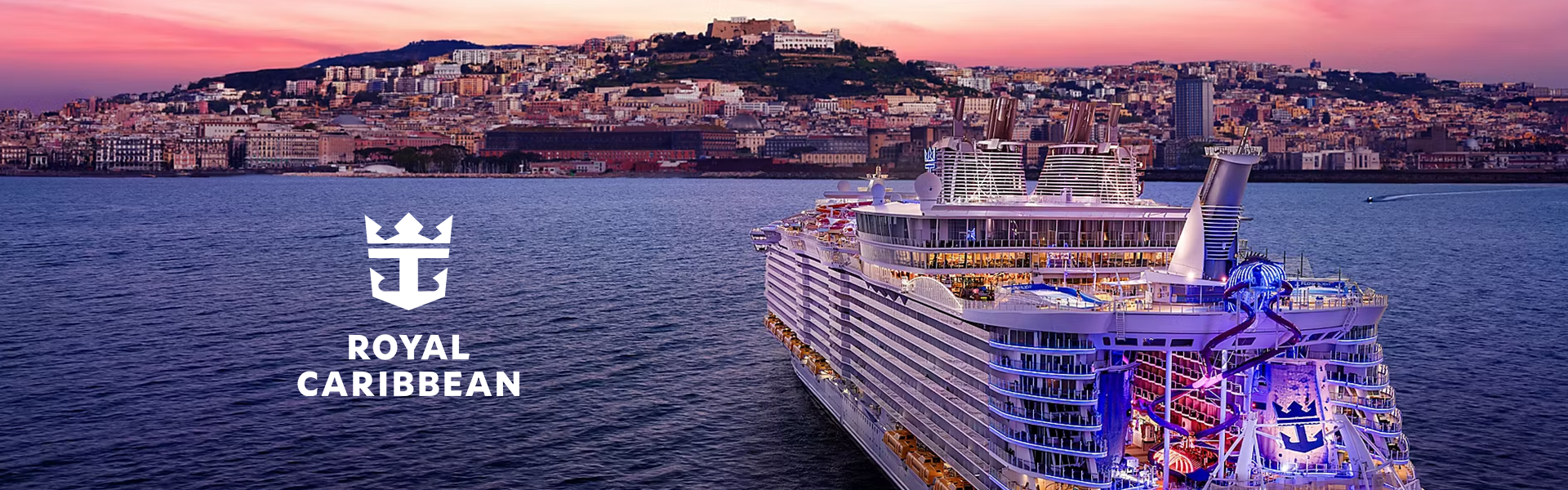 Royal Caribbean cruise ship sailing near a city at sunset.