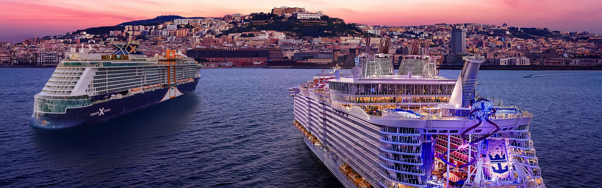 Royal Caribbean cruise ship sailing near a city at sunset.
