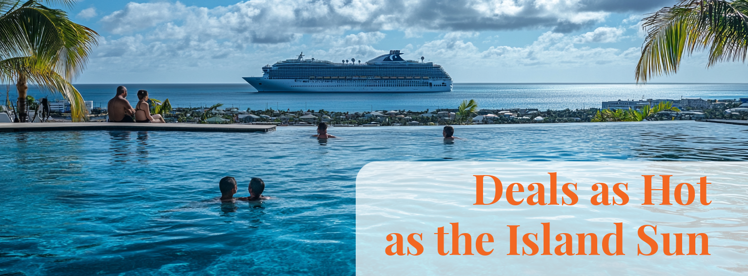 Infinity pool with people swimming, cruise ship in the distance, and text 