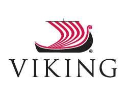 Viking logo: A black Viking ship with red and white striped sail above the word 