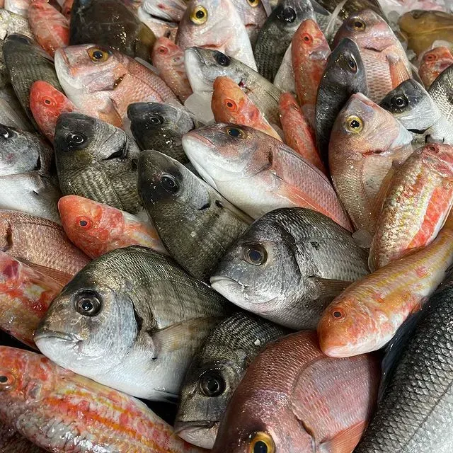 Un mucchio di pesce fresco con squame argentate, rosa e arancioni, ammassato l'uno sull'altro.