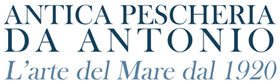 Logo blue and gold for Antica Pescheria da Antonio, with text “L’arte del Mare dal 1920”