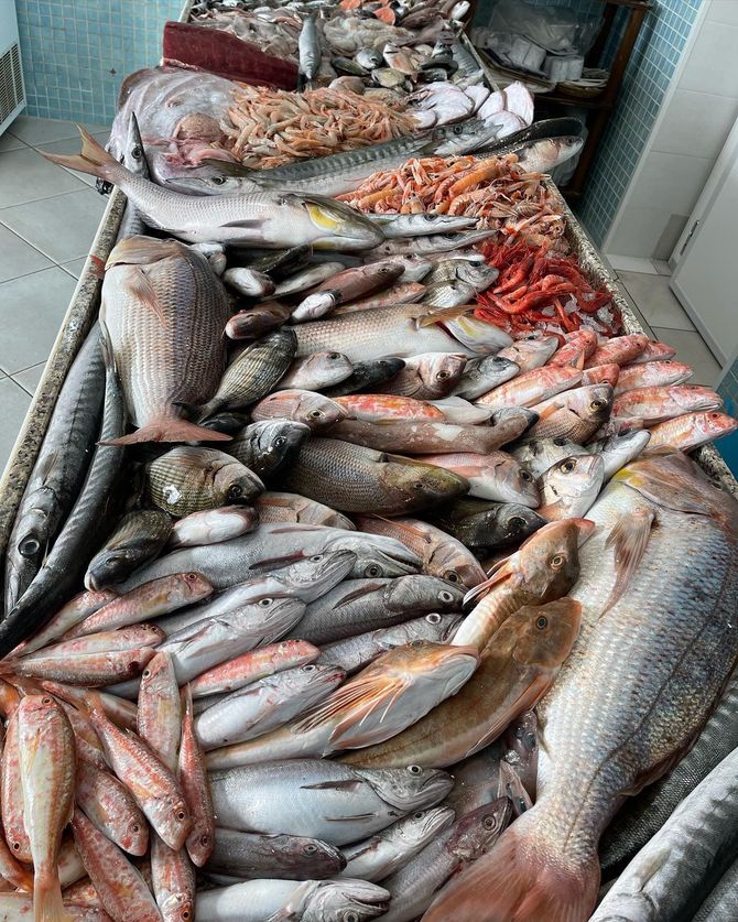 Pesce e frutti di mare freschi esposti in una bancarella del mercato su ghiaccio e vassoi.