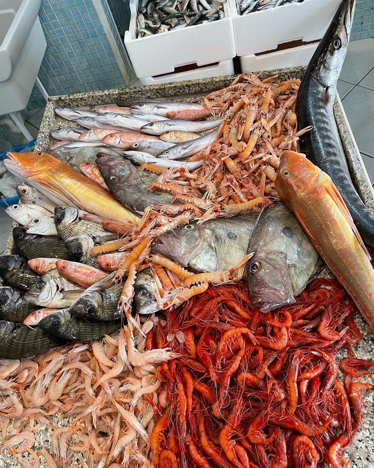 Pesce fresco assortito e gamberetti ammucchiati su una bancarella del mercato.