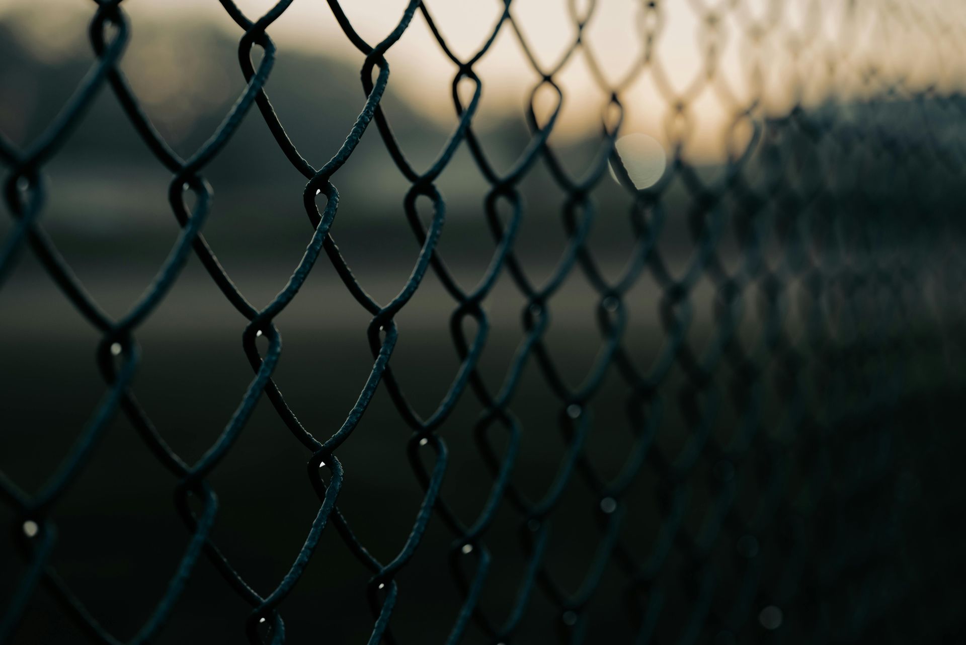 A close up of a chain link fence with trees in the background.