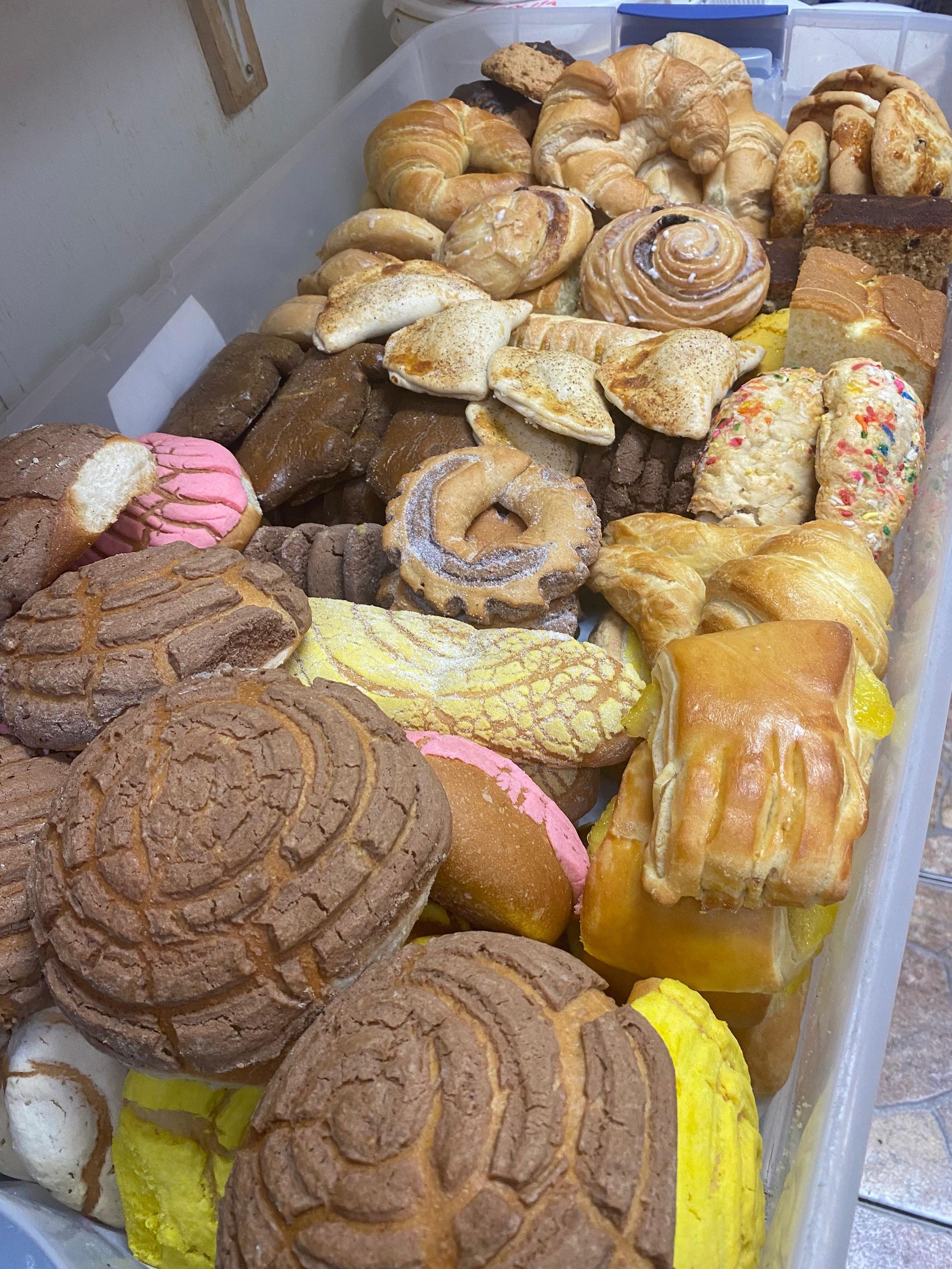 A clear plastic bin filled with an assortment of Mexican pan dulce, including conchas, empanadas, and pastries.