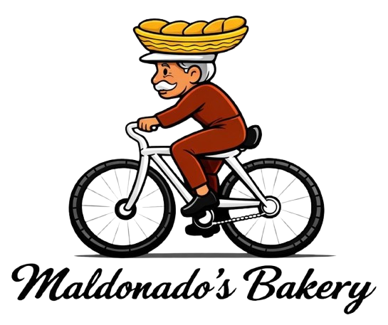 A person with a mustache wearing a brown uniform rides a white bicycle while balancing a basket of bread on their head.