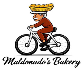 A person with a mustache wearing a brown uniform rides a white bicycle while balancing a basket of bread on their head.