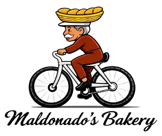 A person with a mustache wearing a brown uniform rides a white bicycle while balancing a basket of bread on their head.