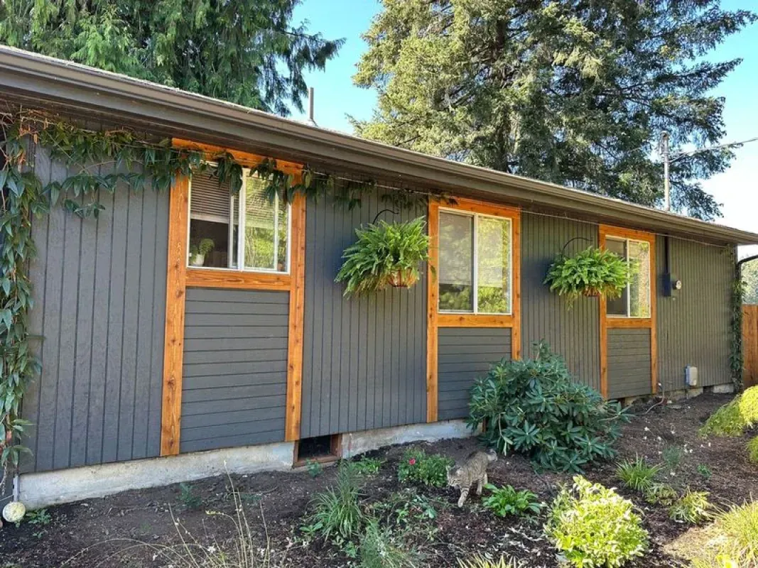 Gray house with wood-trimmed windows; plants hang below them. Green foliage and a small animal are at the base.