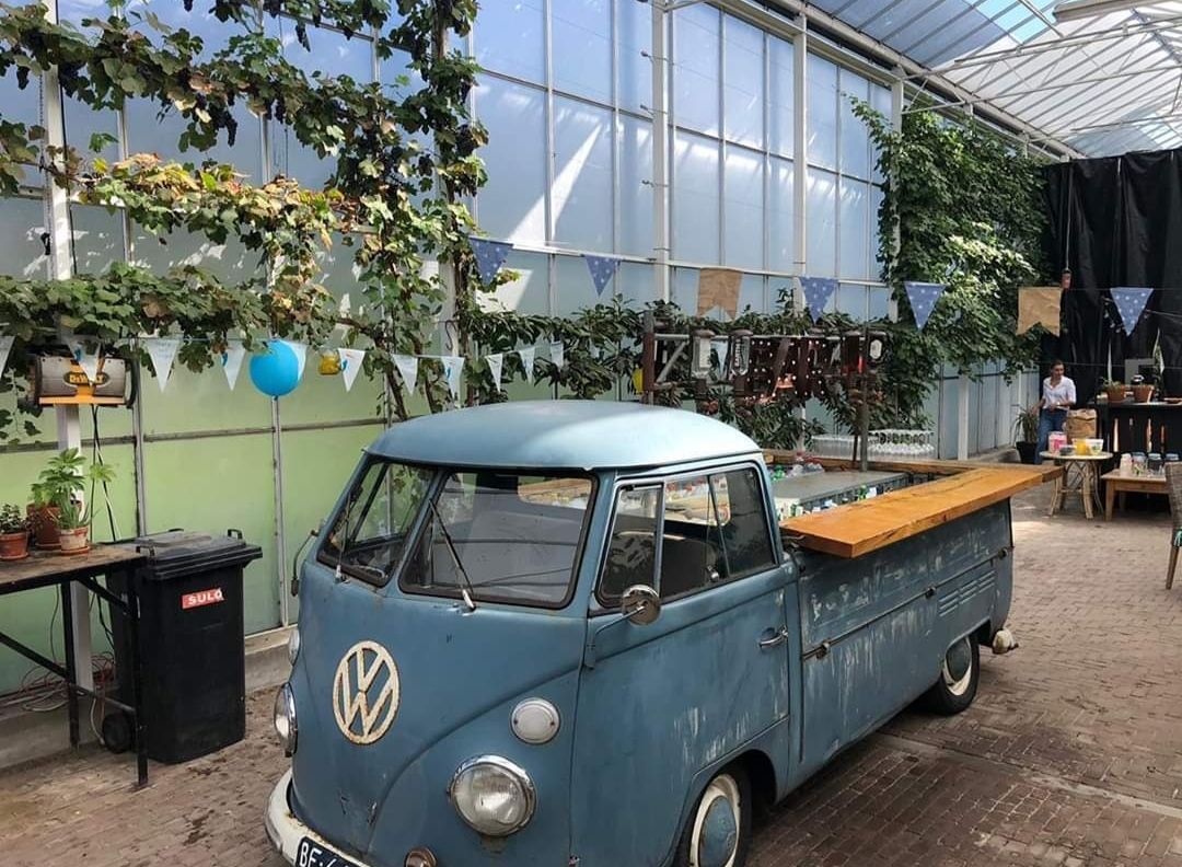 Een blauwe vintage Volkswagen pick-up staat geparkeerd bij een café in kasstijl met planten en lichtslingers.
