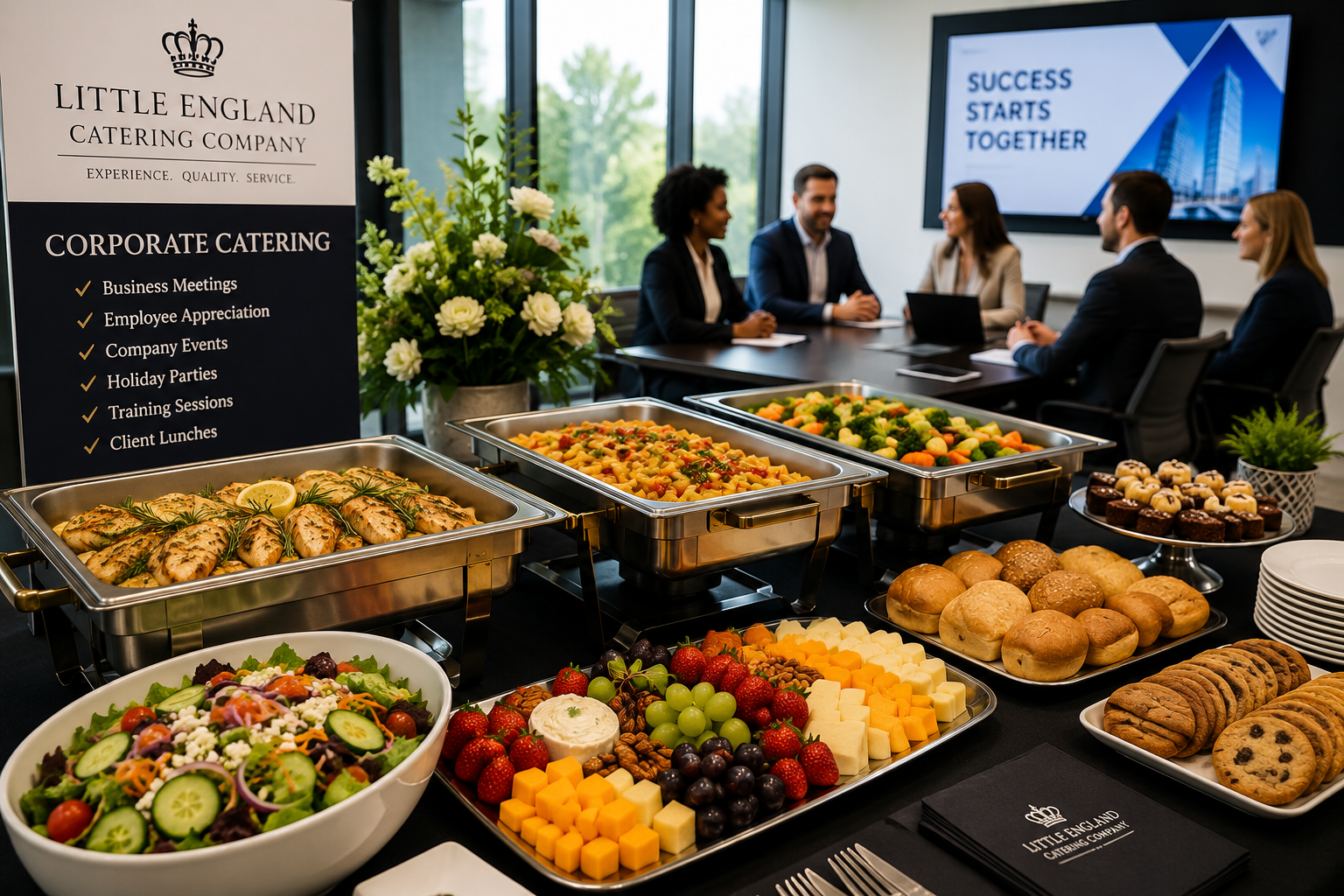 Professional corporate catering buffet prepared for a business meeting in Tampa and Wesley Chapel by Little England Catering Company.