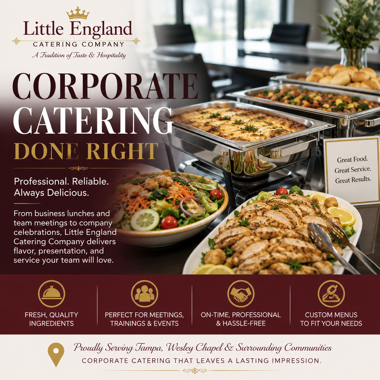 Professional corporate catering buffet prepared for a business meeting in Tampa and Wesley Chapel by