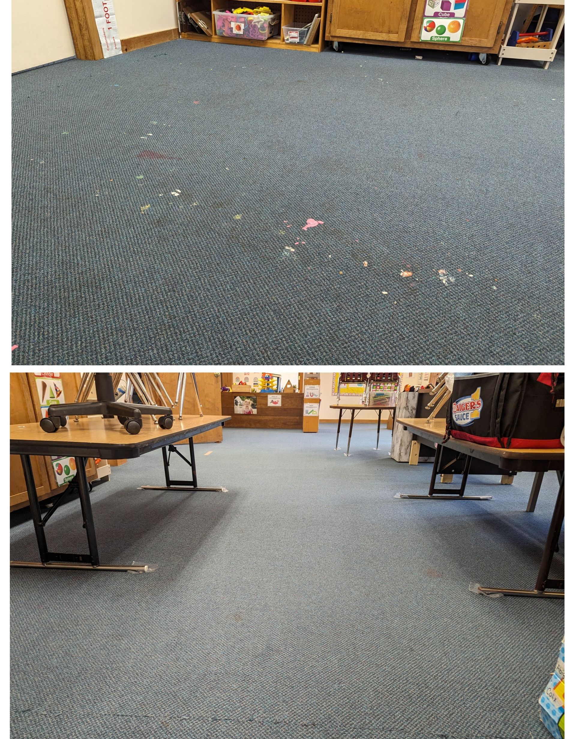 A before and after picture of a carpeted floor in a classroom cleaned by Flanders carpet cleaning services