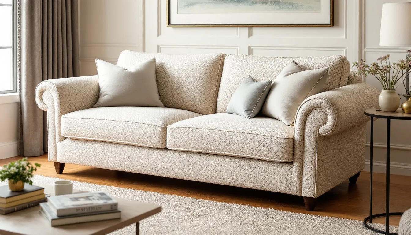 A white couch is sitting in a living room next to a coffee table.