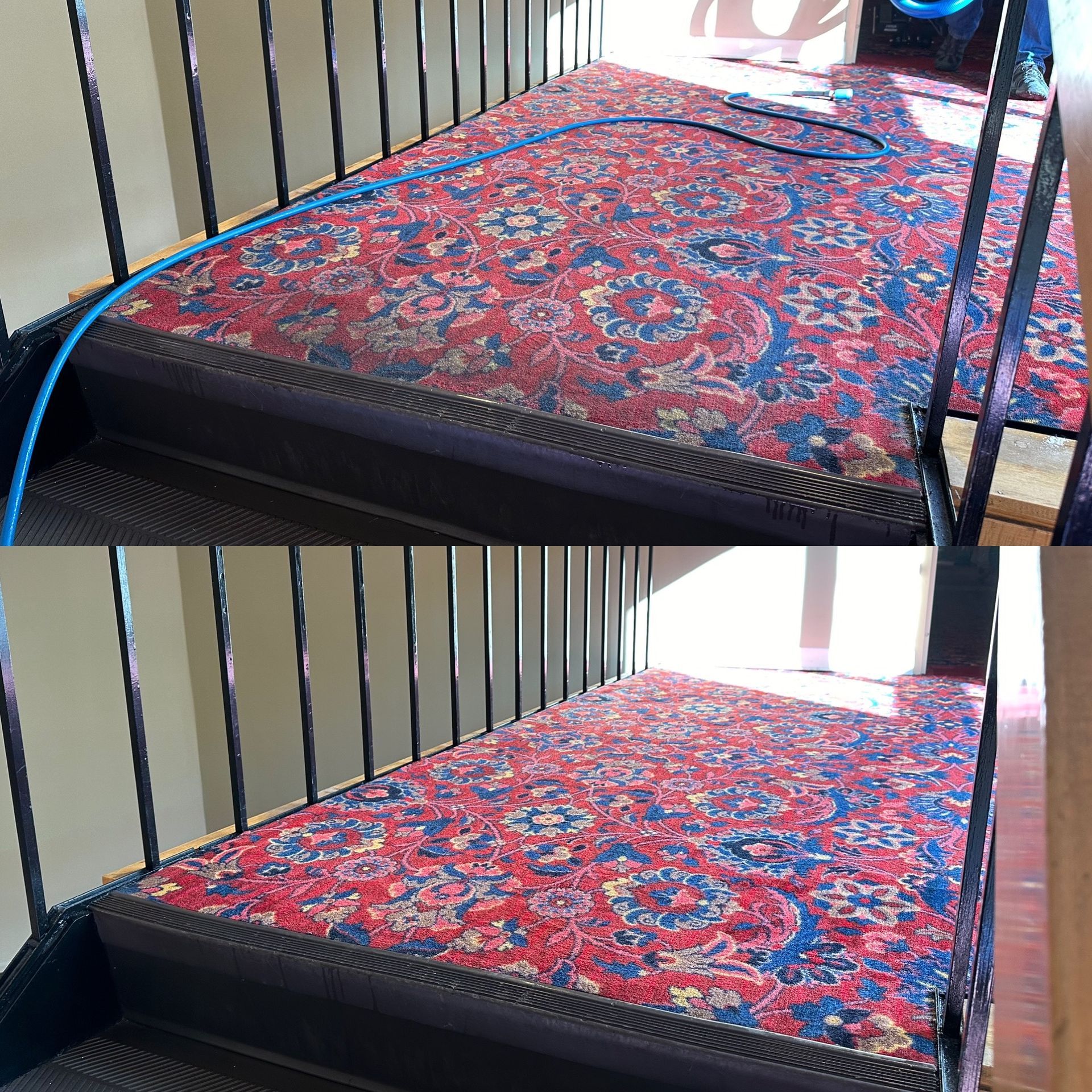 A before and after picture of a carpet being cleaned on stairs.