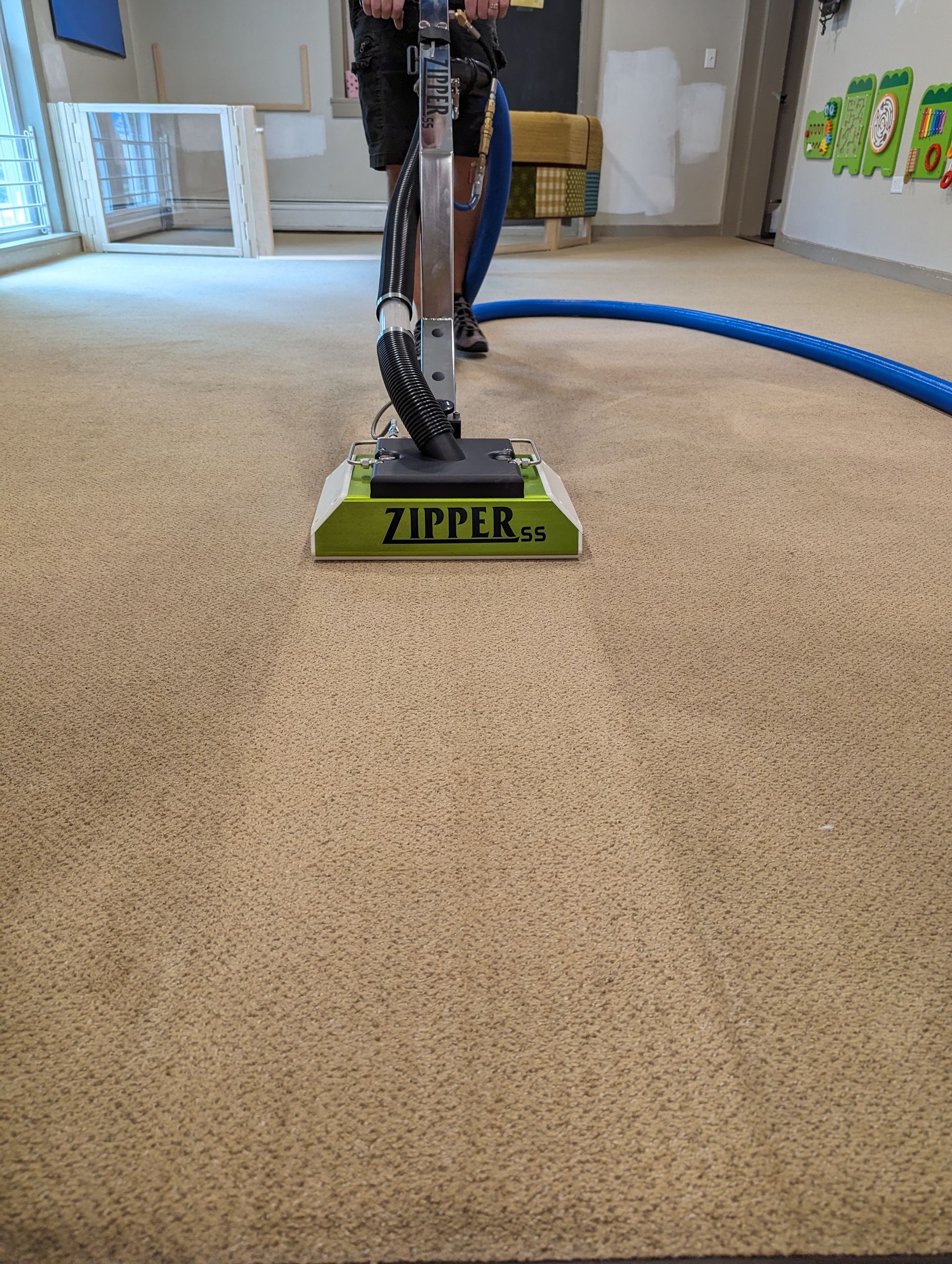 Person vacuuming beige carpet in a room with a blue hose attached to the machine