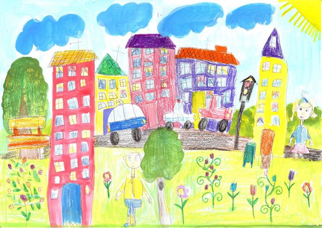 A child 's drawing of a city with buildings and people