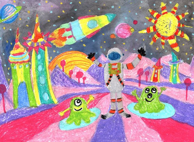 A child 's drawing of an astronaut in space with aliens and a rocket.