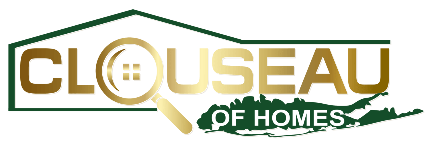 CLOUSEAU OF HOMES logo in gold and green with a magnifying glass in the letter O