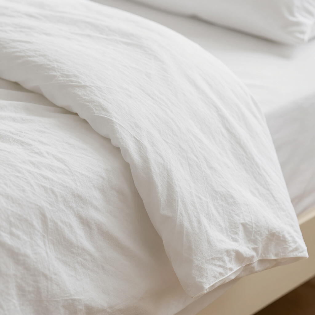 Almohada blanca y sábanas blancas arrugadas sobre una cama.