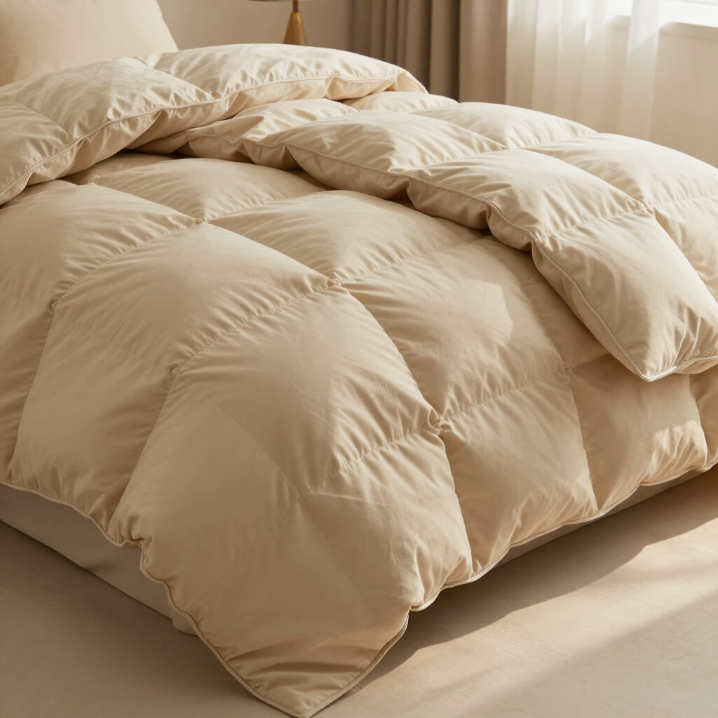 Edredón acolchado color beige sobre una cama bien hecha en un dormitorio con iluminación tenue.