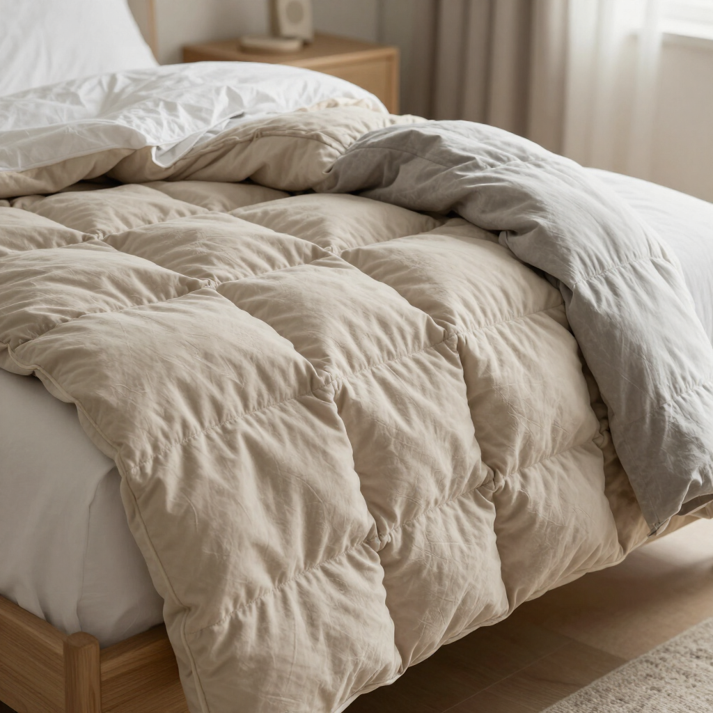 Edredón beige sobre una cama de madera en un dormitorio luminoso y ordenado.