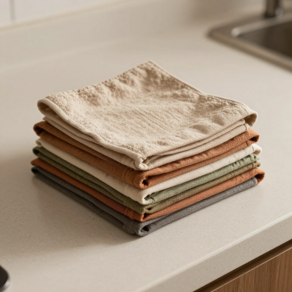 Pila de paños de cocina doblados de color beige, tostado y gris sobre la encimera de la cocina.